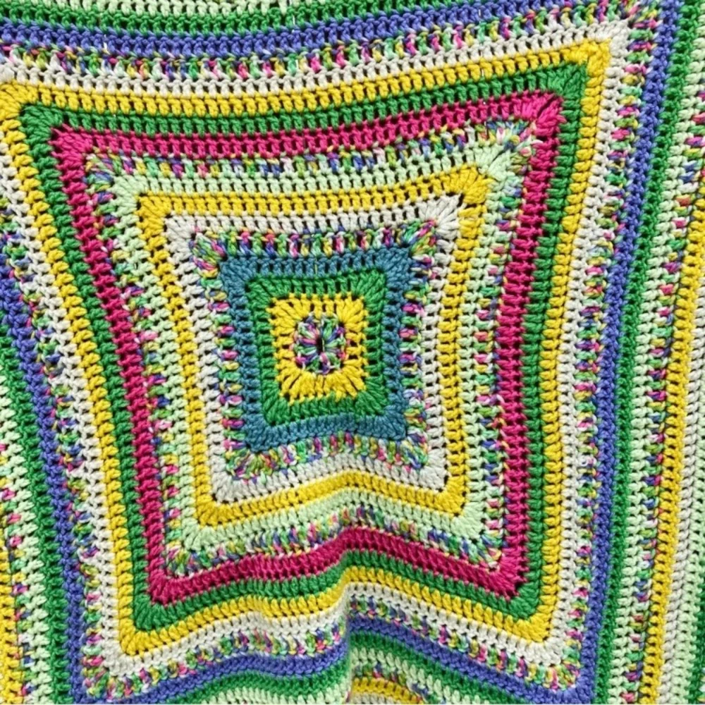Small Handmade Crocheted Throw Blanket 54” x 52” Purple Green Yellow Pink